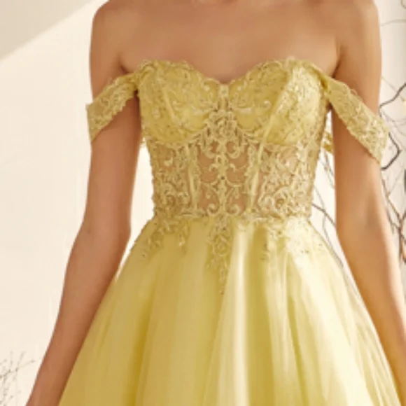 New long navy, royal, yellow, off the shoulder embroidered tulle ball gown dress - Picture 3 of 13